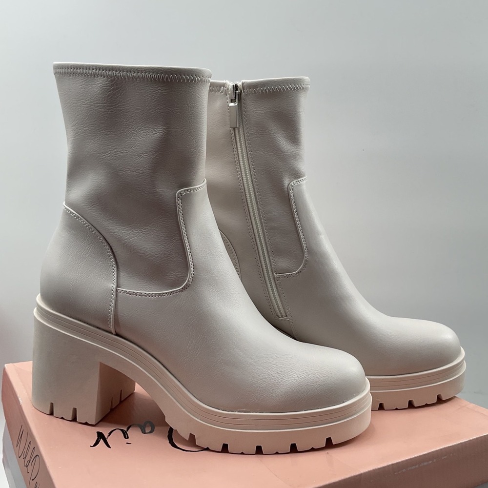 Wild Pair Cream Platform Lug Sole Ankle Boots Block Heel Zip Up Sock Boot